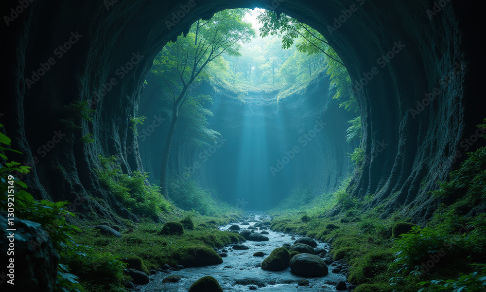 Obraz premium Enchanting Forest Cave River Scene - Dark fantasy