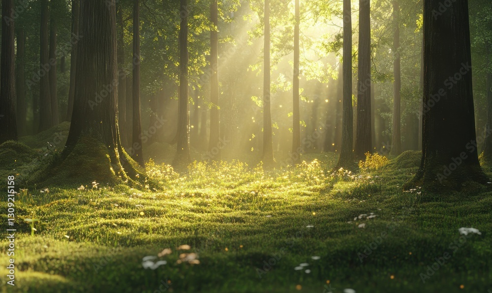 Fototapeta premium Peaceful forest glade with sunlight streaming through tall trees, illuminating moss-covered ground and creating golden highlights