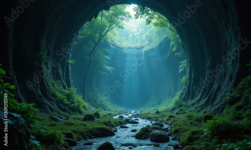 Enchanting Forest Cave River Scene - Dark fantasy