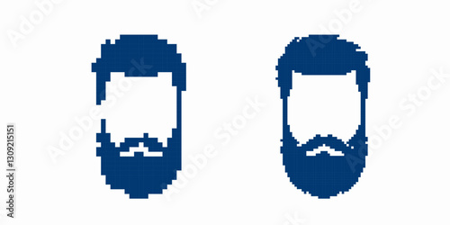 Pixelated silhouettes show various bearded men with different hair and beard designs.
