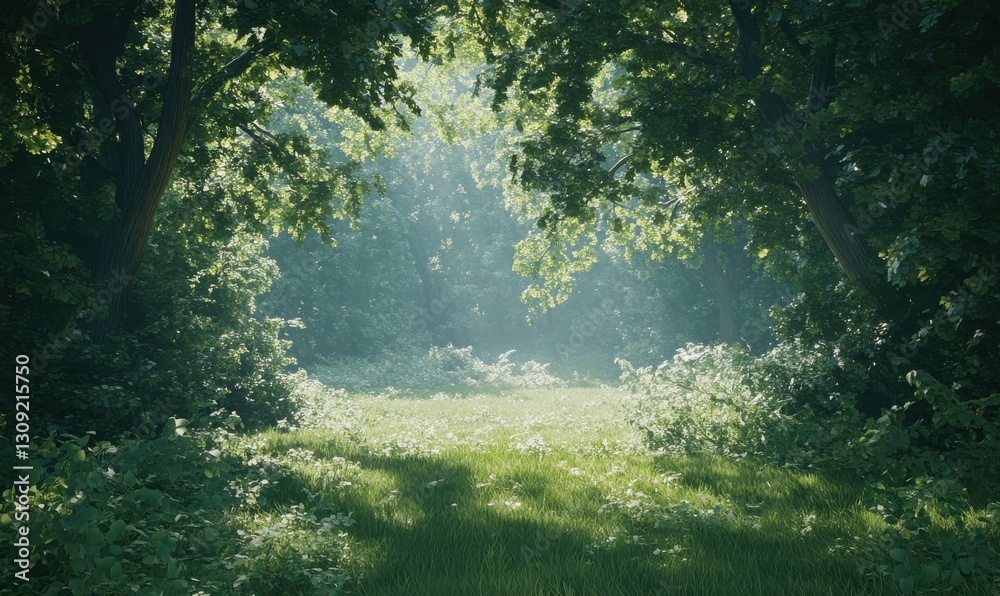 Peaceful woodland clearing with soft rays of sunlight filtering through dense trees, illuminating vibrant green foliage Peaceful woodland clearing with soft rays of sunlight filtering through dense trees, illuminating vibrant green foliage
