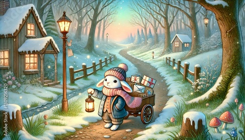 A serene woodland in early spring featuring a rabbit mail carrier delivering glowing parcels amidst a magical, pastel-toned landscape