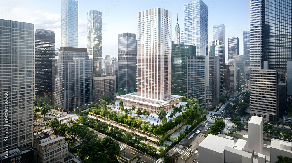Modern Cityscape with Tall Buildings and Green Spaces under Bright Sunlight Modern Cityscape with Tall Buildings and Green Spaces under Bright Sunlight
