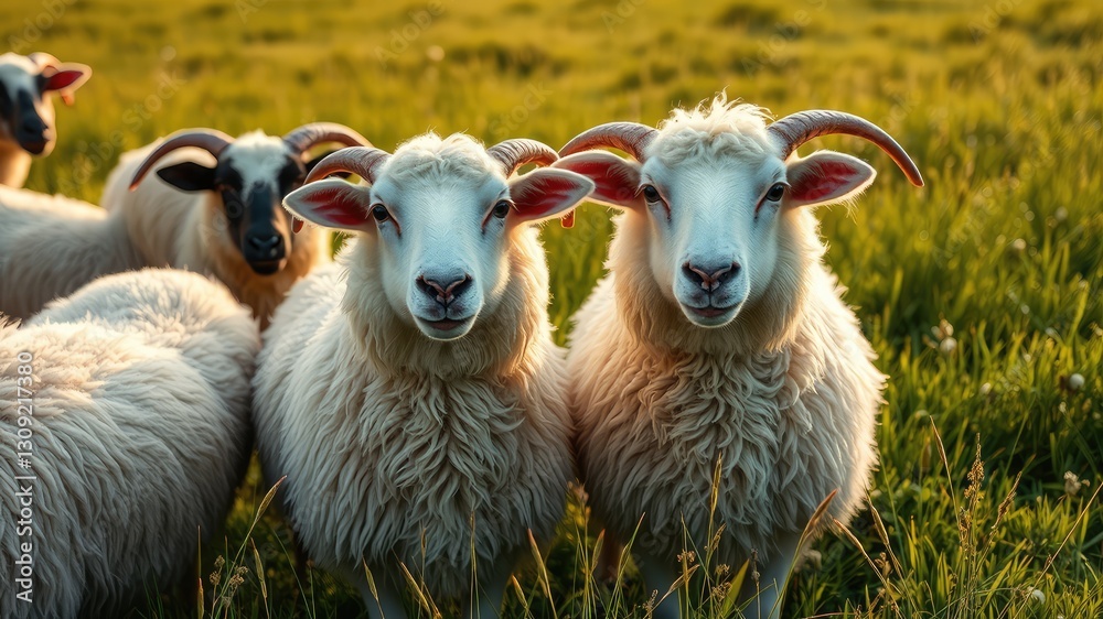 Fototapeta premium Sheep and lamb, Serene Sheep in Golden meadows