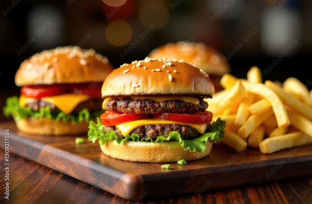 Juicy burgers with crispy fries served on a wooden platter in a restaurant Juicy burgers with crispy fries served on a wooden platter in a restaurant