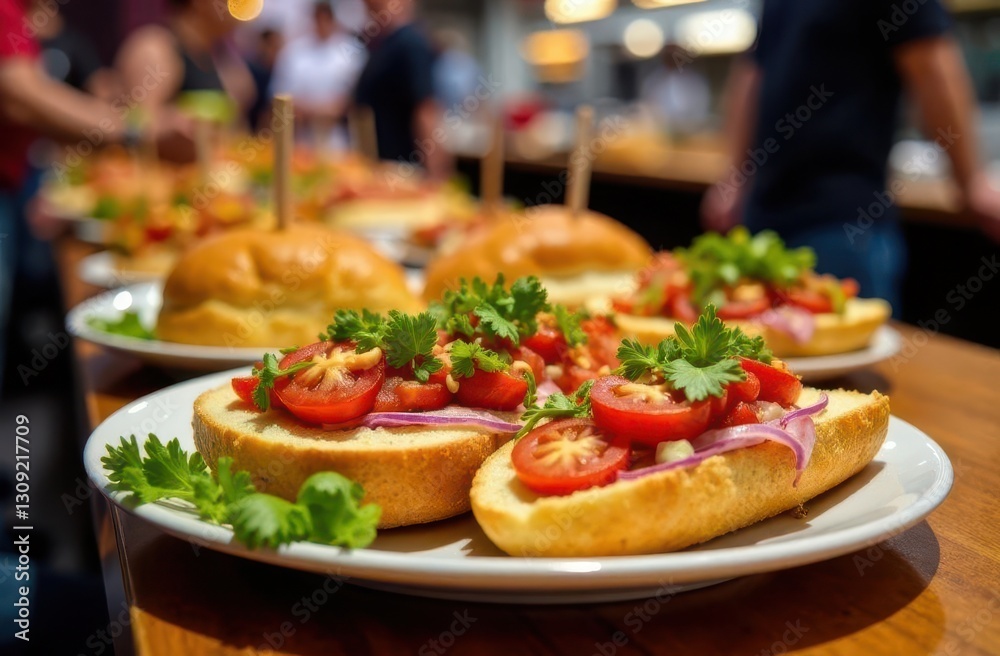 Freshly prepared sandwiches with vibrant toppings at an outdoor market event Freshly prepared sandwiches with vibrant toppings at an outdoor market event