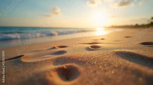 Golden sands and gentle surf—a path of footprints draws the eye toward the shimmering horizon."