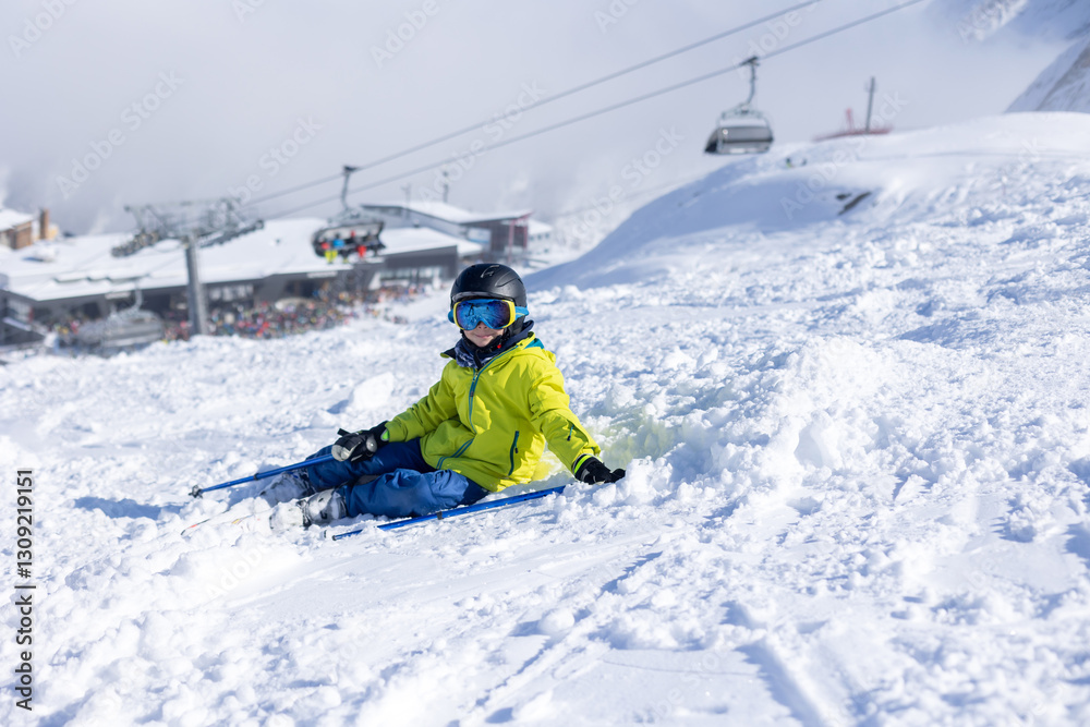 Happy family with children, school kids in winter ski resort, skiing winter time Happy family with children, school kids in winter ski resort, skiing winter time
