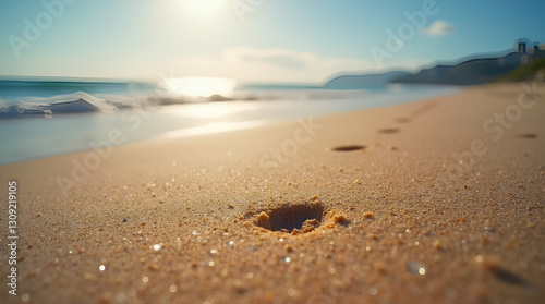 Golden sands and gentle surf—a path of footprints draws the eye toward the shimmering horizon."