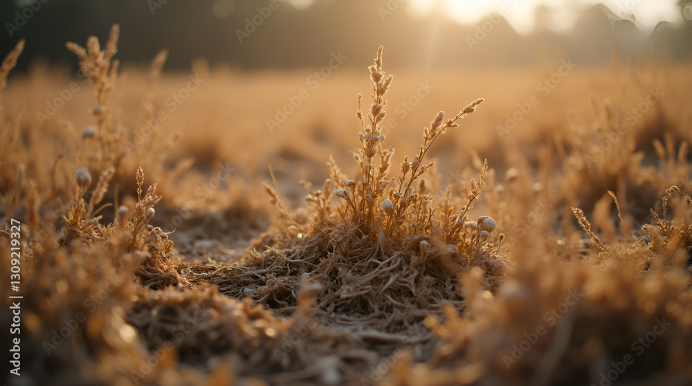 Fototapeta premium Close-up of dry, golden-hued grass flourishing in a rugged, sunlit landscape, capturing the essence of nature's endurance.