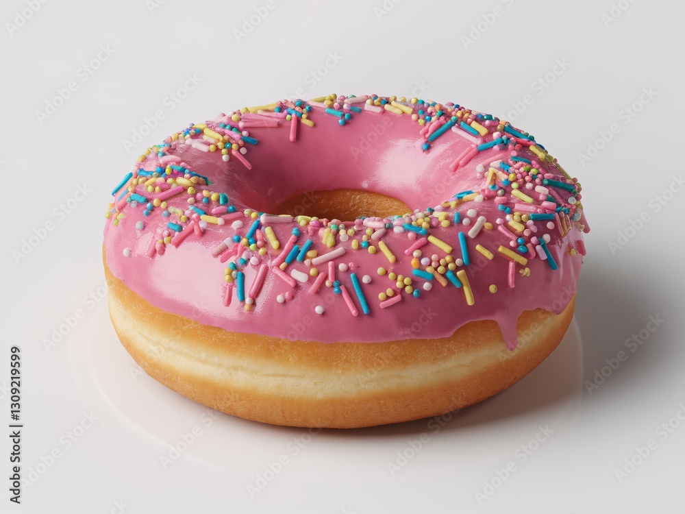 A colorful, frosted pink donut with sprinkles on a clean white background. A colorful, frosted pink donut with sprinkles on a clean white background.