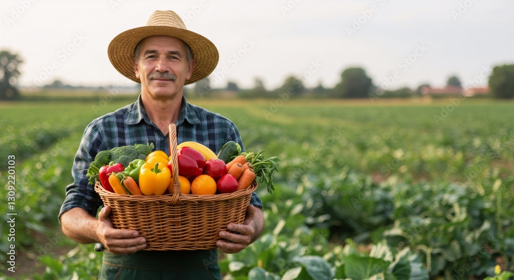 Fototapeta premium Senior caucasian farmer holding basket of fresh vegetables in field. Organic farming, local produce, and sustainable agriculture concept. Healthy food harvest.