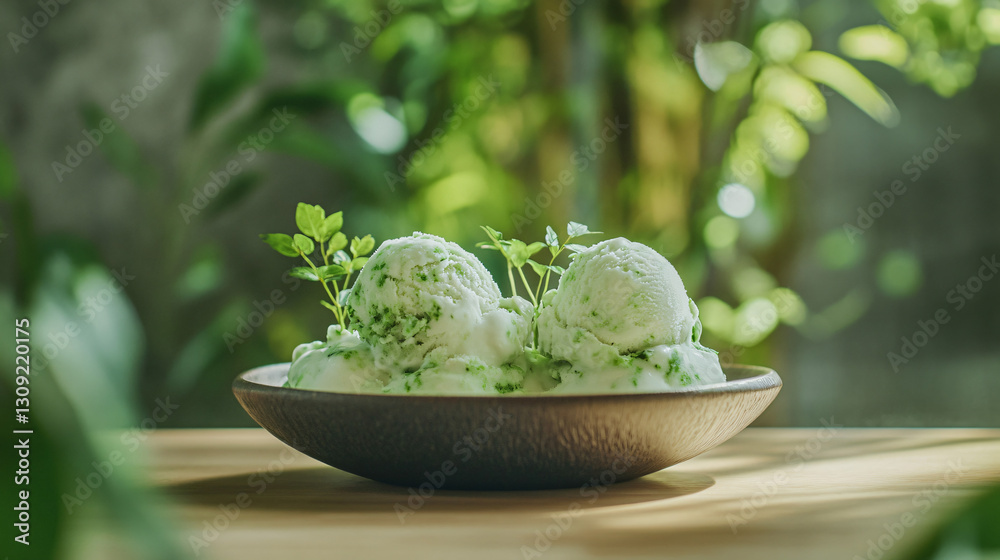 Fresh Mint Ice Cream on Rustic Plate Surrounded by Greenery Fresh Mint Ice Cream on Rustic Plate Surrounded by Greenery