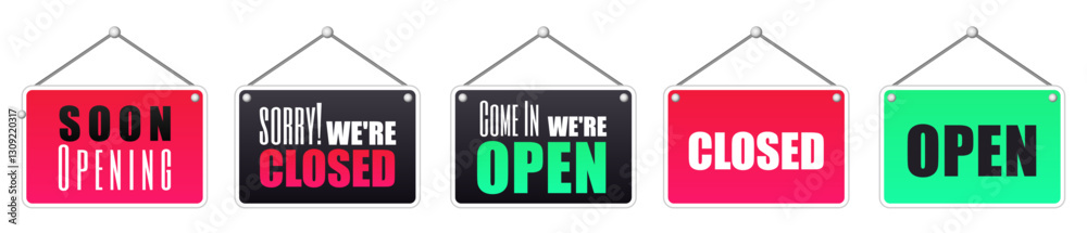 Sorry we're closed and opening soon door sign. Open and close icon set. Open and close hanger board icons on transparent background. Sorry we're closed and opening soon door sign. Open and close icon set. Open and close hanger board icons on transparent background.