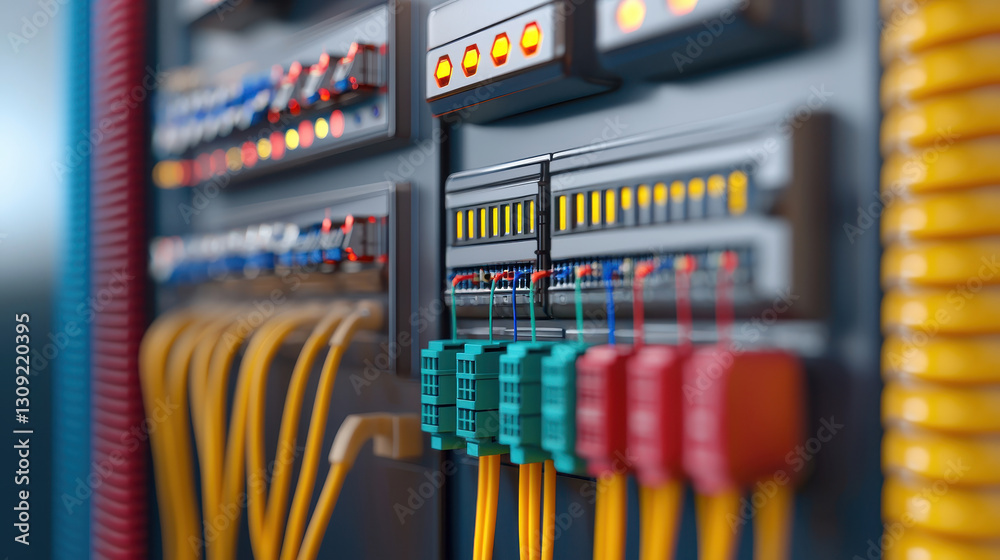 Close up of industrial automation network with precision connections