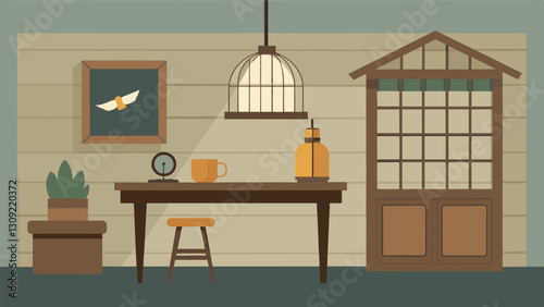 A farmhousestyle home office featuring a thrifted wooden benchturneddesk a vintage metal cage lamp and a thrifted wooden wall shelf.. Vector illustration