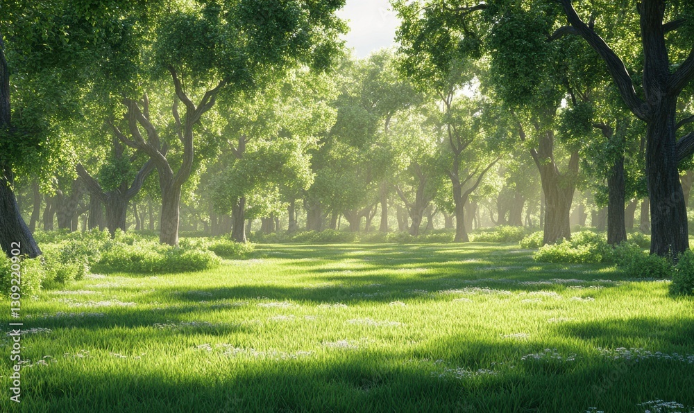 Lush green park with tall trees casting dappled sunlight on the grass, creating a serene and tranquil outdoor atmosphere Lush green park with tall trees casting dappled sunlight on the grass, creating a serene and tranquil outdoor atmosphere