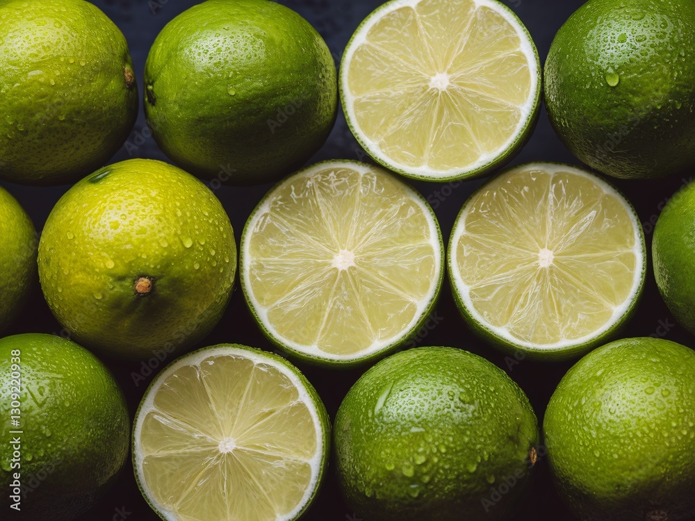 Fresh green limes arranged beautifully with cut halves showing juicy segments. Fresh green limes arranged beautifully with cut halves showing juicy segments.