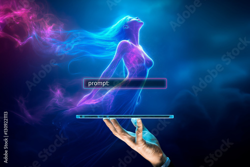 Artificial intelligence AI think about prompt. AI represented by female hologram. Generated with the use of an AI, combined with photo.