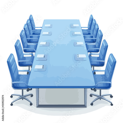 Modern Conference Room with Long Table and Blue Chairs