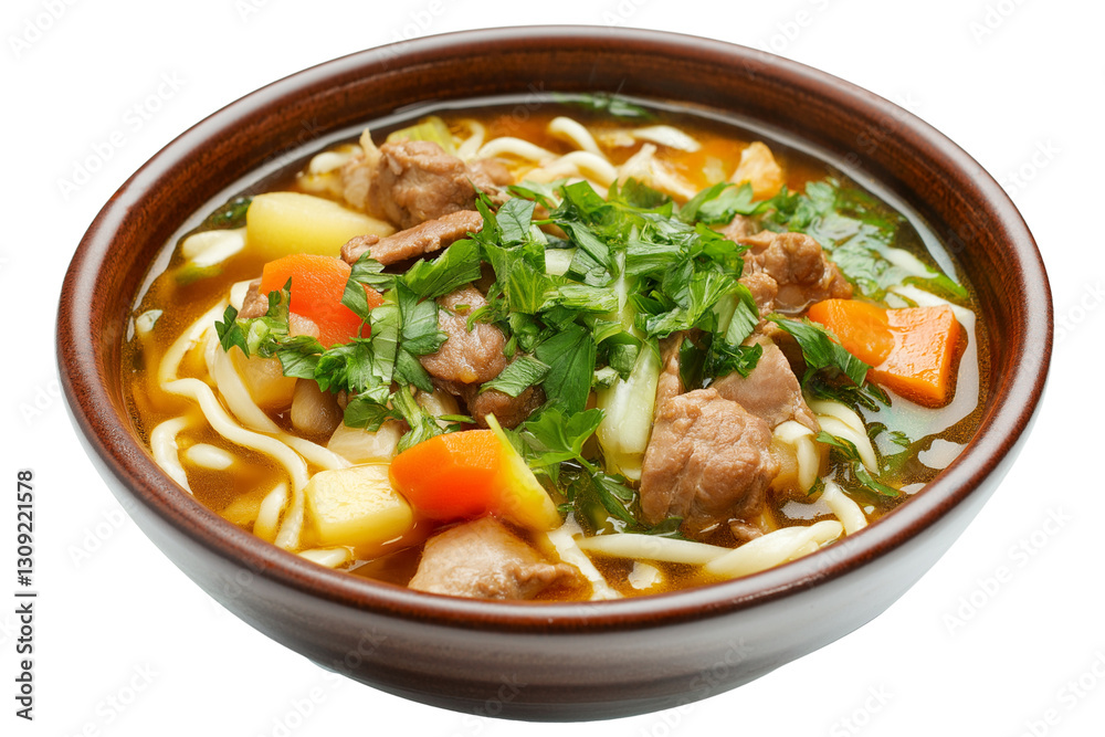 Kyrgyz laghman noodle soup with vegetables isolated on transparent white background Kyrgyz laghman noodle soup with vegetables isolated on transparent white background