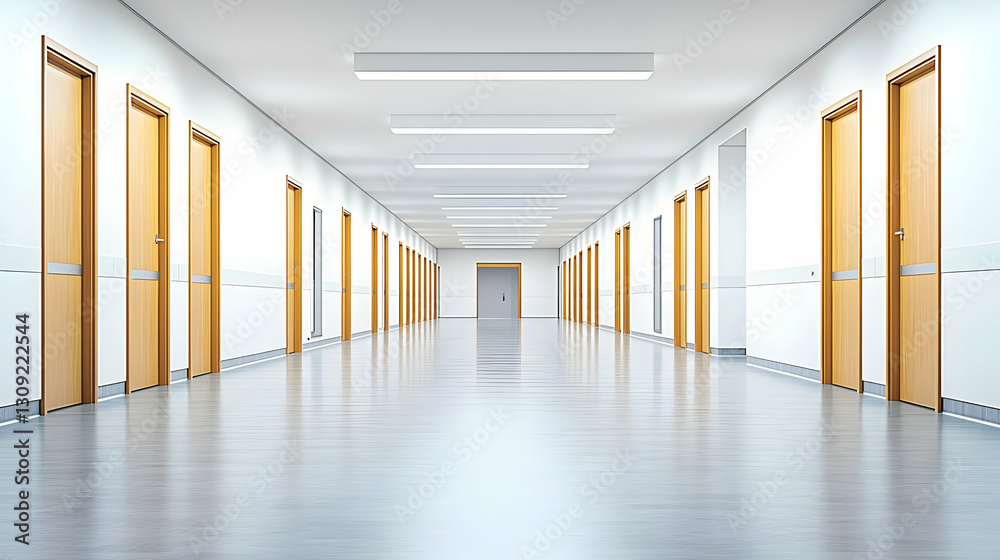 Fototapeta premium Long Interior Hallway with Wooden Doors and Bright Lighting with Perspective View