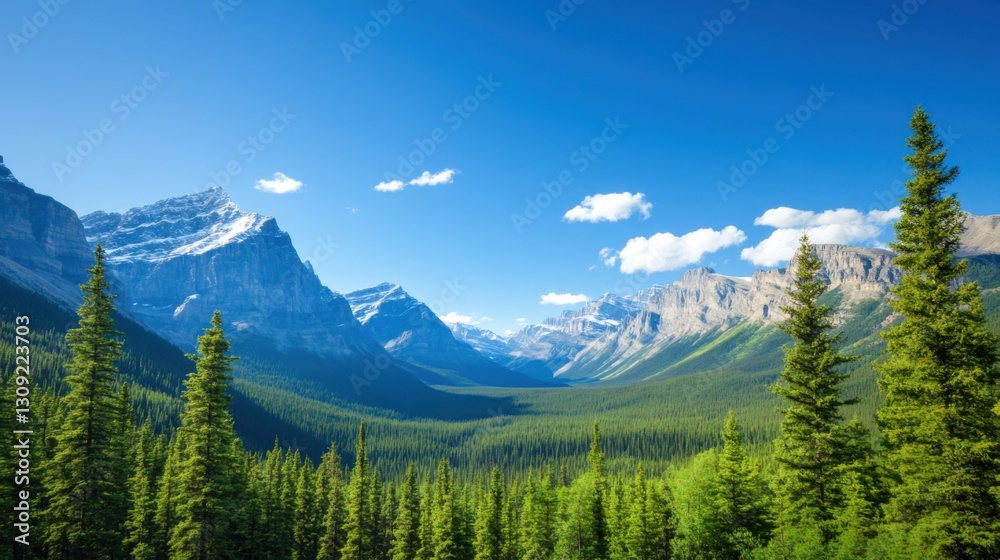 Fototapeta premium Majestic mountain range with lush green valley and evergreen trees under a clear blue sky.