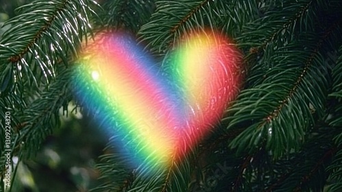 Rainbow heart bokeh amid evergreen branches, forest background, holiday card