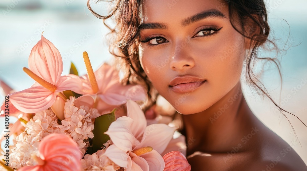 A soft-focus portrait of an Indigenous bride admiring her bouquet of plumeria and anthurium flowers with a serene expression and harmonious composition A soft-focus portrait of an Indigenous bride admiring her bouquet of plumeria and anthurium flowers with a serene expression and harmonious composition