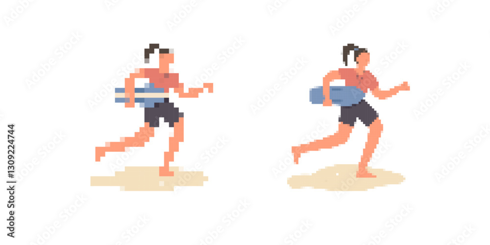 Pixel art depicting two surfers running, holding boards, ready to embrace their next surfing adventure. Pixel art depicting two surfers running, holding boards, ready to embrace their next surfing adventure.