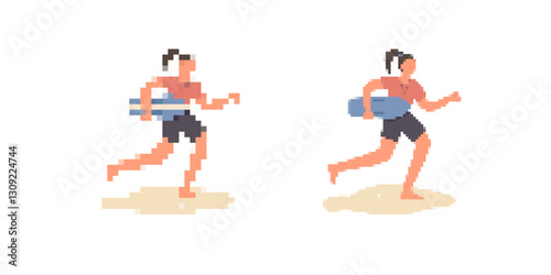 Pixel art depicting two surfers running, holding boards, ready to embrace their next surfing adventure.