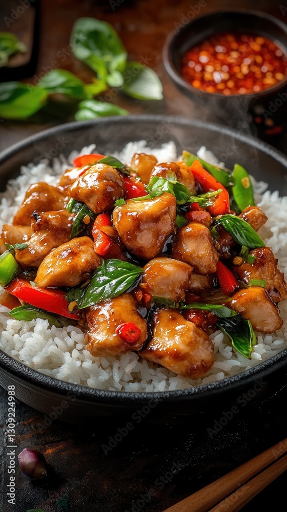 Vibrant stir-fried chicken dish served over fluffy white rice with fresh vegetables and herbs for a delightful meal experience. Generative AI Vibrant stir-fried chicken dish served over fluffy white rice with fresh vegetables and herbs for a delightful meal experience. Generative AI