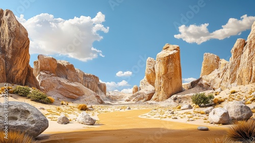 A vast desert scene featuring massive rocks and boulders under the golden sunlight.