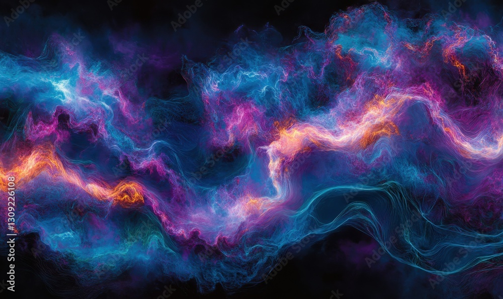 Vibrant abstract wave patterns in glowing neon blue and purple tones blending seamlessly against a dark background Vibrant abstract wave patterns in glowing neon blue and purple tones blending seamlessly against a dark background