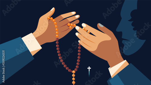 In the dim light of a church a pair of aged hands carefully count and maneuver the beads of the rosary a ritual familiar and comforting.. Vector illustration