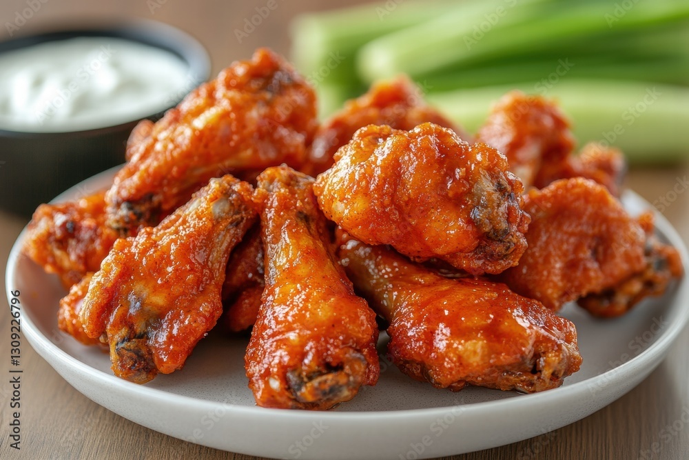 Hot and spicy chicken wings served with celery sticks Hot and spicy chicken wings served with celery sticks