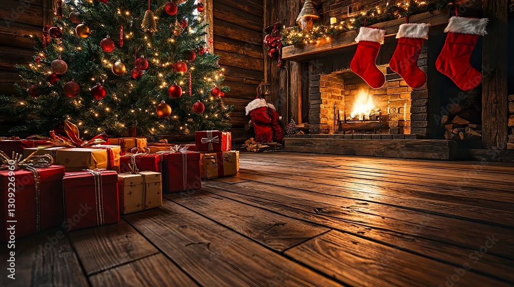 Fototapeta premium A rustic cabin scene with colorful Christmas gift boxes on the wooden floor, a glowing tree adorned with ornaments, red stockings hanging, warm festive lighting, wide-angle perspective. 