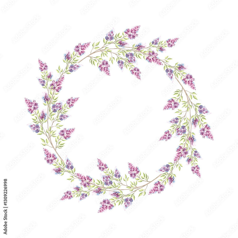 Obraz premium Lilac flowers sprig with green leaves. Spring wreath round frame, border. Template with copy space. Purple blossom of spring. Botanical floral background. Clipart for wedding, postcard, print, textile