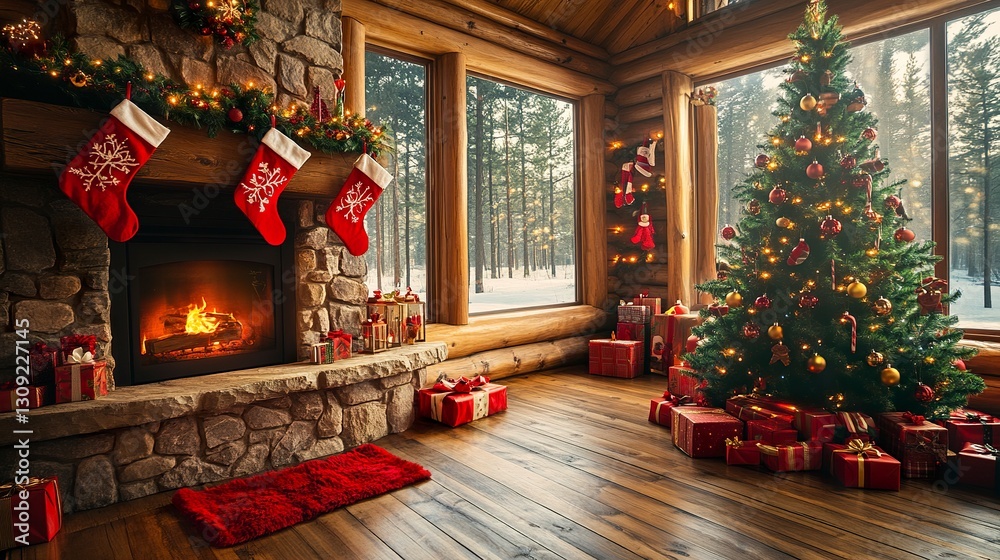 Fototapeta premium A rustic Christmas cabin with a decorated tree, colorful presents on the wooden floor, red stockings hanging near a stone fireplace, soft warm lighting, festive cozy mood, wide-angle view. 