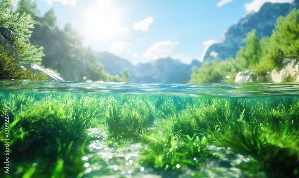 Vibrant green algae floating in crystal-clear water, illuminated by sunlight for a serene aquatic scene Vibrant green algae floating in crystal-clear water, illuminated by sunlight for a serene aquatic scene