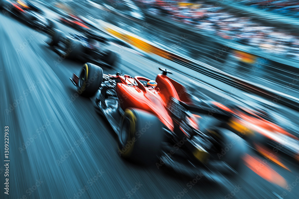 Obraz premium High-speed racing car on lit-up track during motorsport event, generative AI