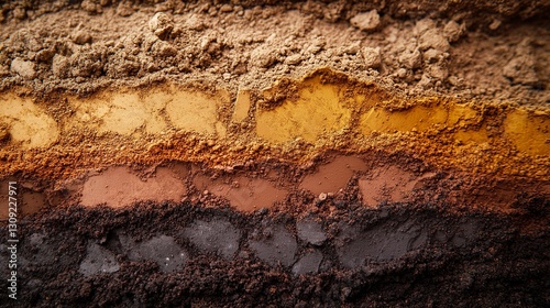 A scientific close-up of soil samples under geotechnical analysis, diverse layers of clay, sand, and gravel visible, rich earthy tones highlighted by soft lighting, macro shot.