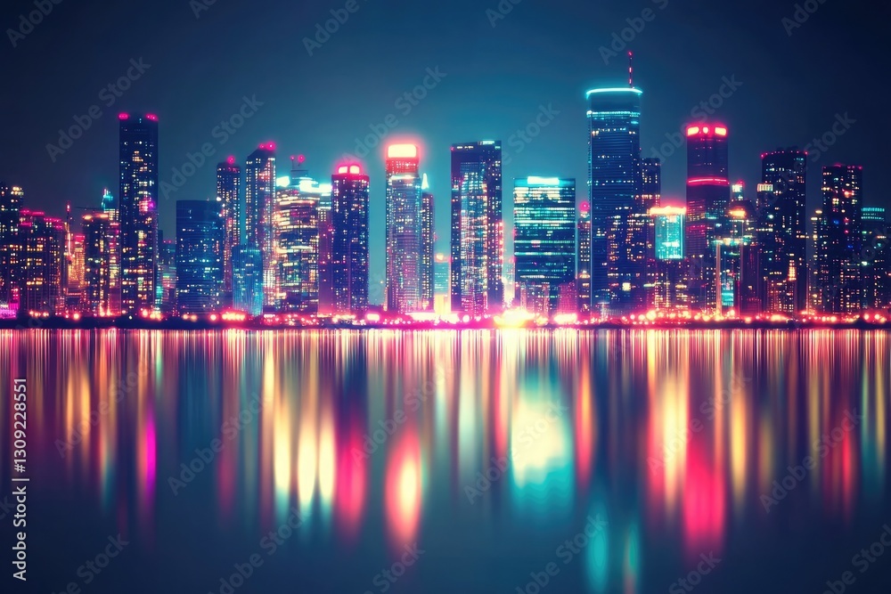 Fototapeta premium Vibrant Night Cityscape Skyline Reflected in Calm Water Stunning Urban Panorama