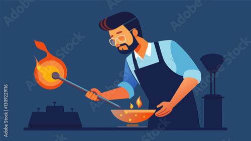 With a steady hand the glassblower carefully shapes the molten glass creating stunning pieces of art that reflect his stoic mindset.. Vector illustration
