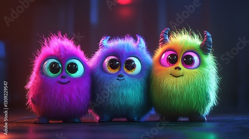 Three fuzzy characters standing in a dark hall with glowing lights