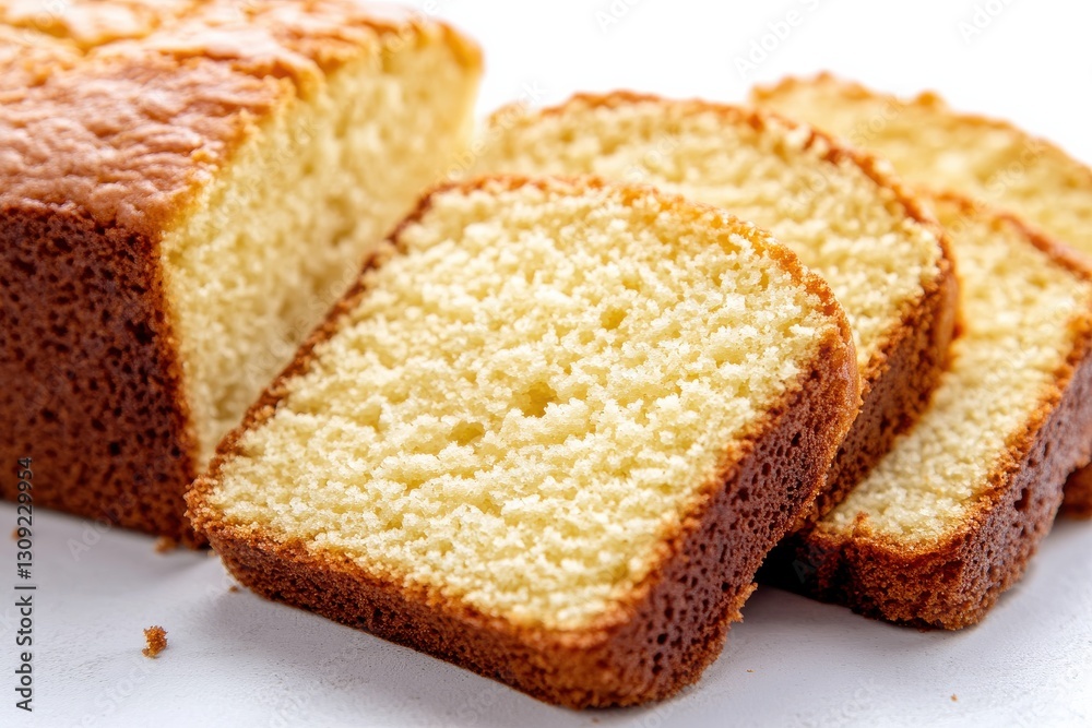 Freshly Baked Soft Yellow Cake with Slices on White Background Freshly Baked Soft Yellow Cake with Slices on White Background