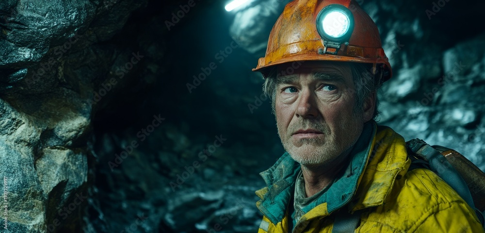 Fototapeta premium Miner wearing a helmet with a headlamp, standing in a dark underground tunnel