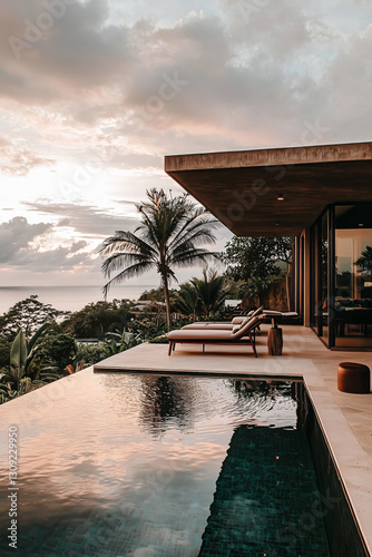Luxurious infinity pool overlooking the ocean, modern boho patio with minimalist furniture, serene atmosphere, golden hour lighting, tropical vibes