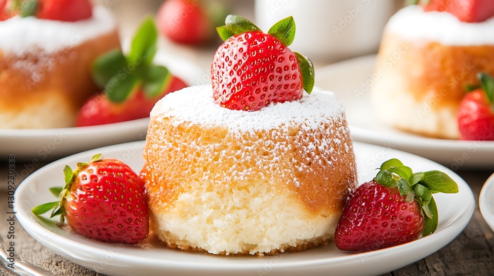 Strawberry cakes dusted in sugar sit on plates in a cafe with coffee served for dessert Strawberry cakes dusted in sugar sit on plates in a cafe with coffee served for dessert