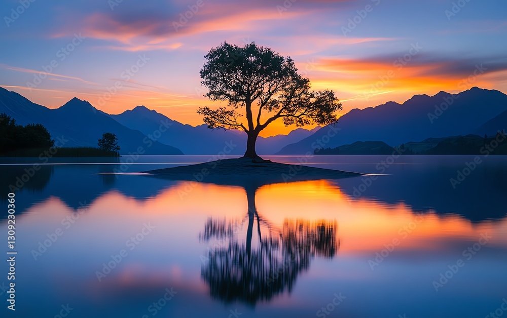 Obraz premium Lone tree on an island in a serene lake at sunset, calm water reflecting vibrant sky and mountains, peaceful New Zealand landscape, ideal for nature lovers and travel enthusiasts
